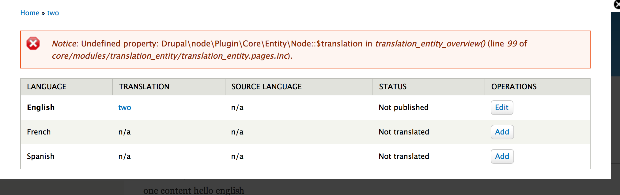 screenshot of php error